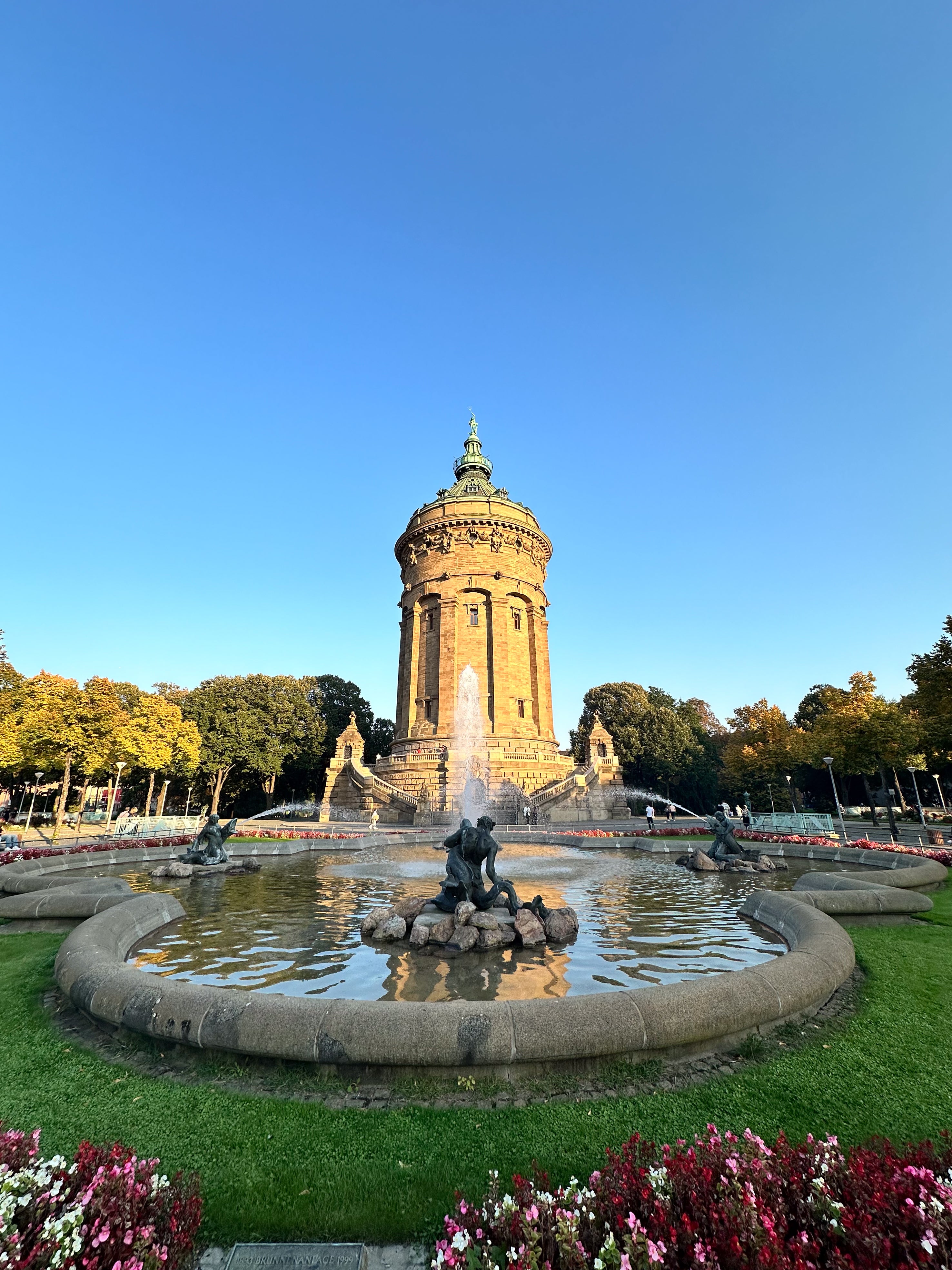 Der Mannheimer Wasserturm wird von der Sonne angestrahlt, blauer Himmel und Bäume im Hintergrund