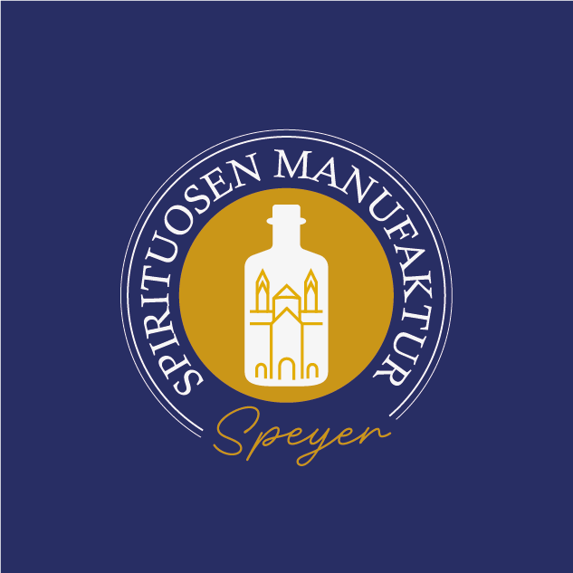 Logo der Spirituosen Manufaktur Speyer auf blauen Hintergrund.